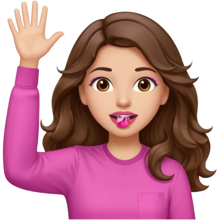 girl with long wavy brown hair, brown eyes, light to medium complexion, in a pink shirt, pink lips, long lashes, puckered lips, both hands all the way up in the air, cheering emoji