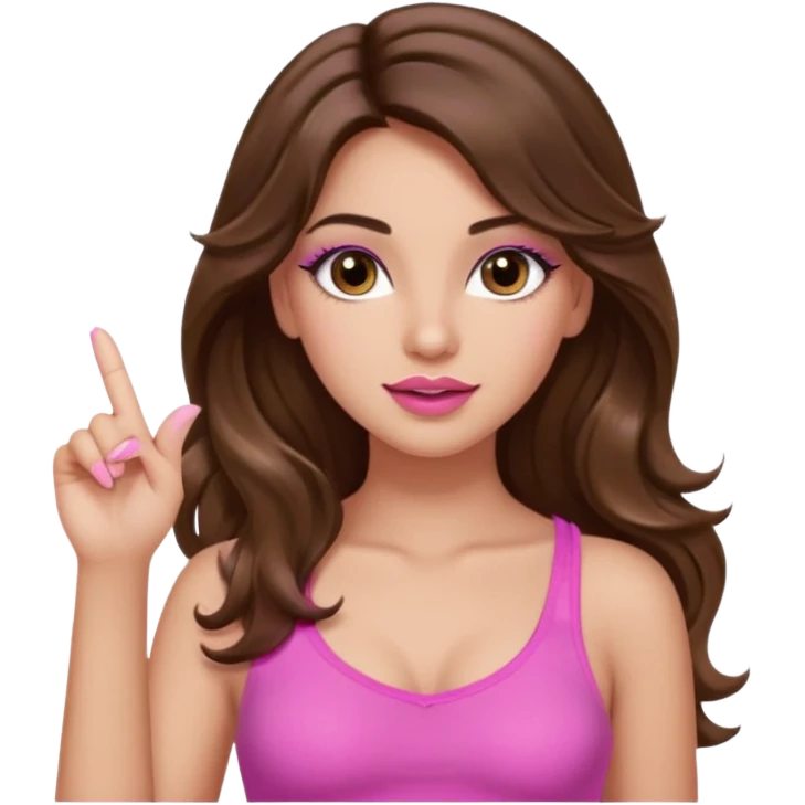 girl with long wavy brown hair, brown eyes, light to medium complexion, in a pink sexy top, pink lips, long lashes, silent motion with the hand one finger up emoji