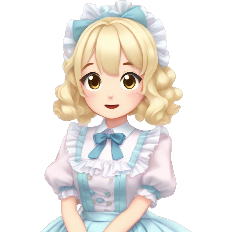 Gorgeous anime style girl blushing face maid outfit Lolita idol model colorful shiny sparkle kawaii pastelcore cottagecore pearly petite simplistic aesthetic trending style blonde hair emoji