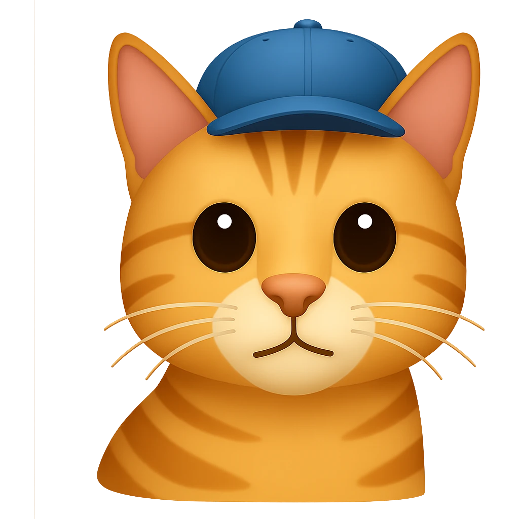 Change the cat's face expression to normal, keep the blue cap, and set the background to transparent. The style should resemble emoji style with simple and clear features. emoji