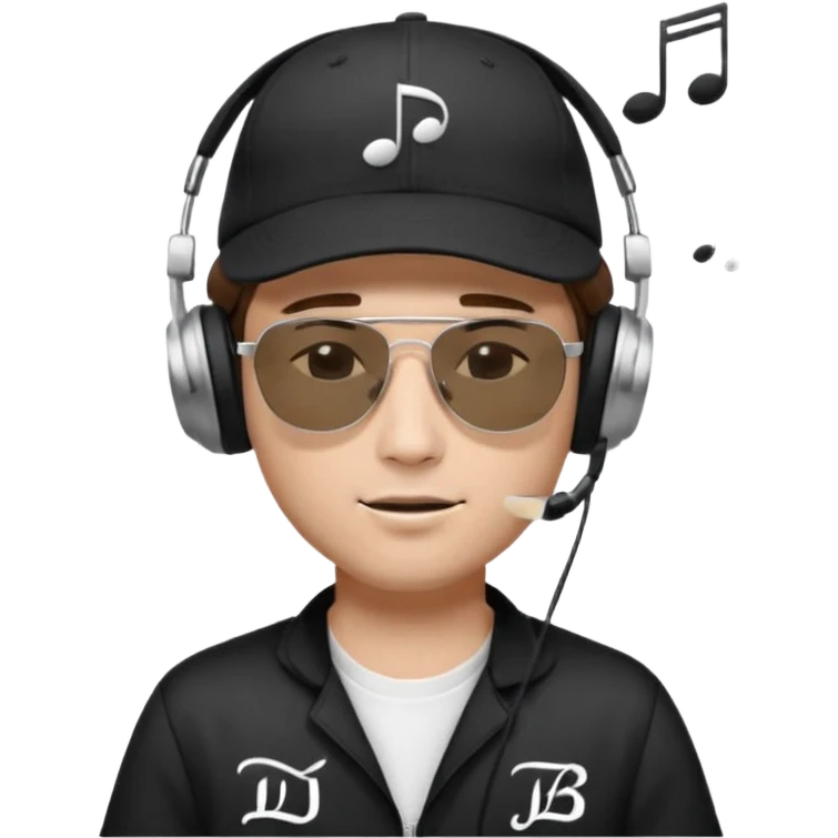 dj man white with baseball cap - rayban Sun Glasses 80s - brown hair - closed eyes with headphones on with musical note over head (listening to music ) - eyes closed no glasses - black hat  musical notes floating around head - DJ DLG written on hat emoji