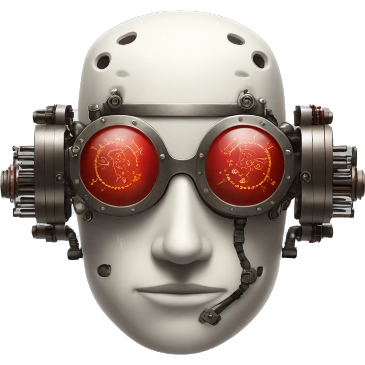 Bald cyborg head with red steampunk goggles, white five o’clock shadow, and circuits emoji