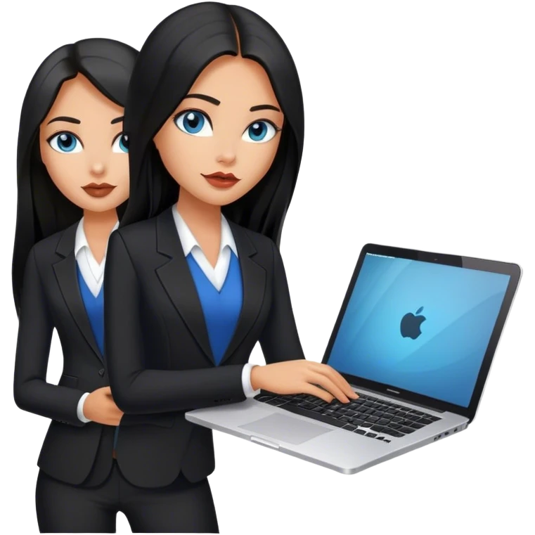 Model glamours tanned beautiful girl with pump nude lips and black straight long hair, straight hair parting, blue eyes with MacBook and black, black suit vest, V-neck emoji