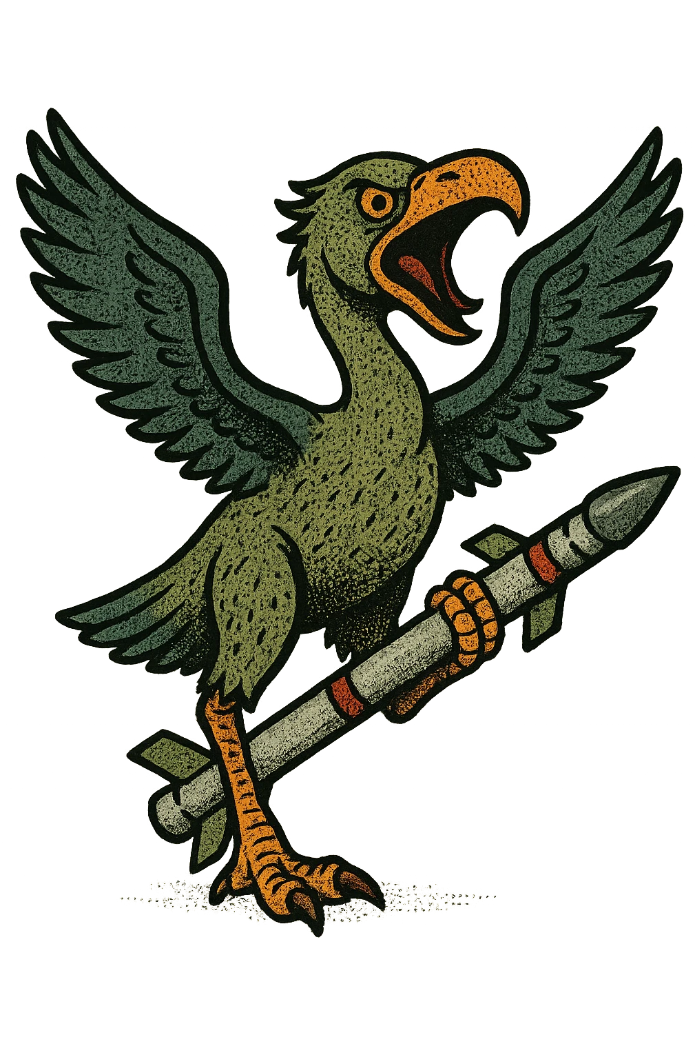 an insignia for a flag: a strange foreign alien bird creature, resembling a prehistoric phorusrhacos, gripping a sidewinder missile in its' powerful claw, standing up on its' other claw, cawing fiercely, wings spread in defiance.
 emoji