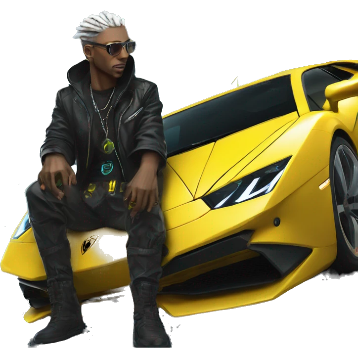 male cyber punk in front of Yellow Lamborghini  emoji