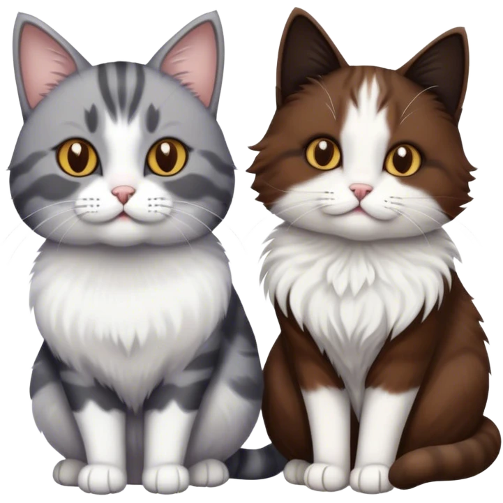 Grey and white cat next to a brown, black, and white fluffy cat  emoji