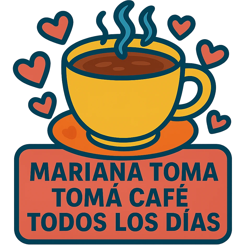Add hearts around the large coffee cup, keep the phrase 'mariana toma café todos los días'. emoji