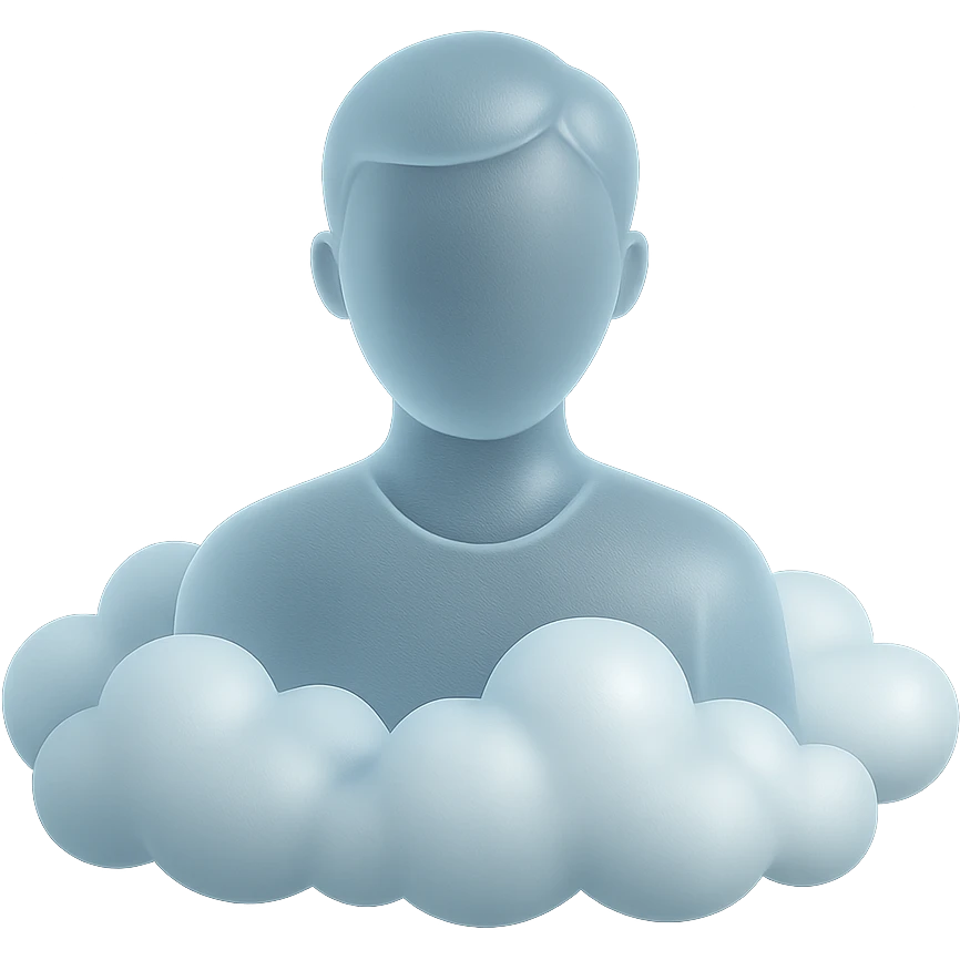 person looking straight ahead, shoulders immersed in fluffy, voluminous white clouds, soft and 3D clouds, matte glass style emoji
