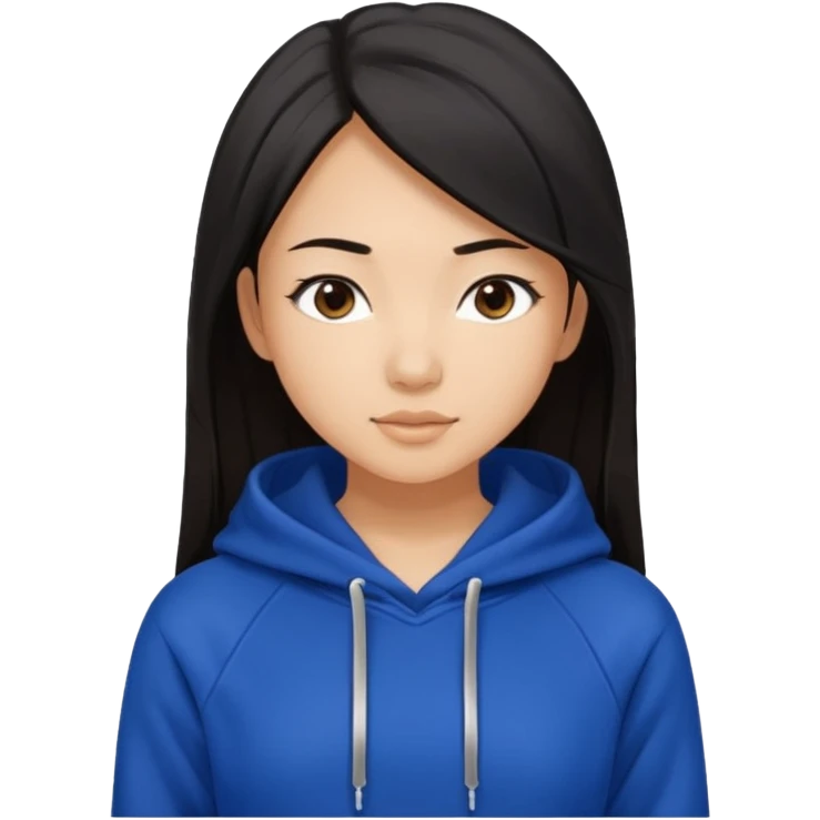 A pretty white/asian tanned girl with medium long strait dark brown almost black hair wearing a royal blue hoodie and black leggings  emoji