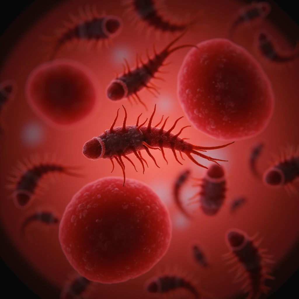 hyperrealistic 4K illustration of human blood under microscope showing numerous Trypanosoma protozoa among red blood cells, elongated shape, flagellum and nucleus highlighted, extremely realistic details, clinical atmosphere emoji