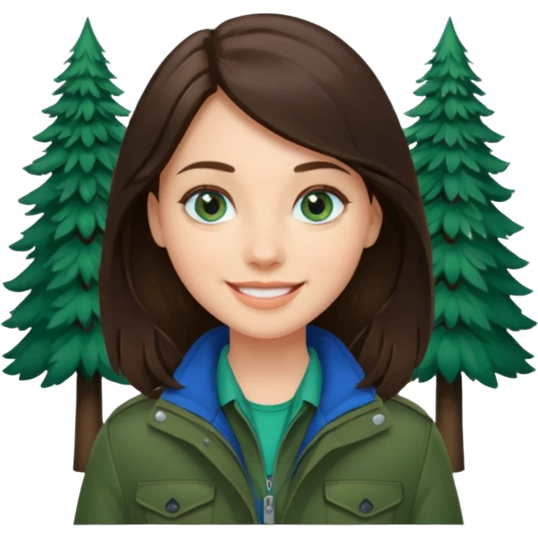 brunette with blue eyes skiing in a forest green jacket emoji