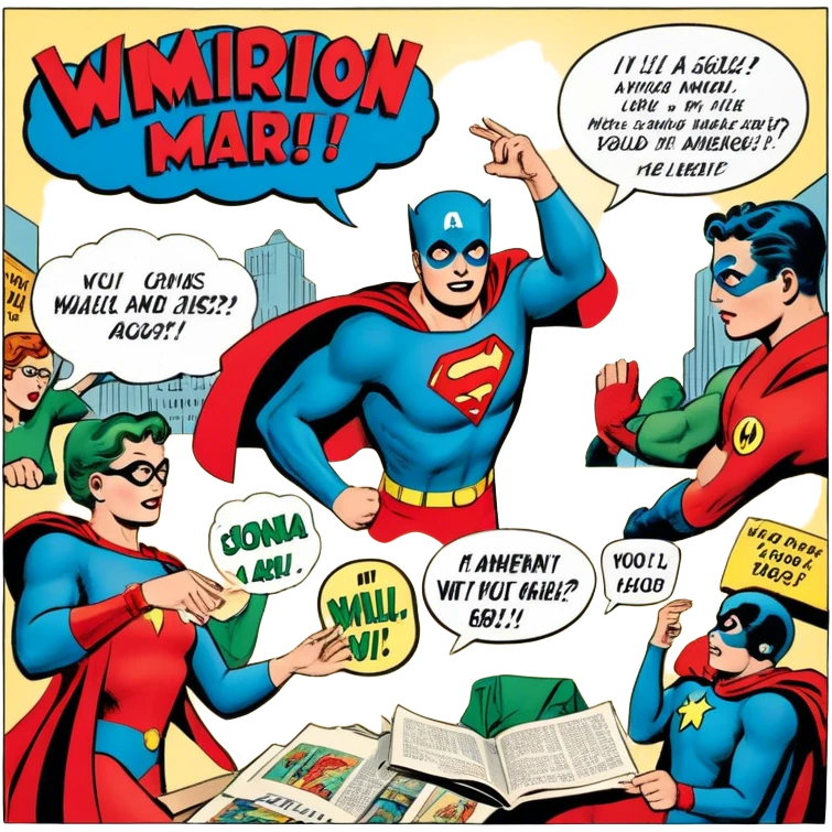 Icon for Vintage American Comics: an open comic magazine with classic 1940s-1950s American comic art, featuring superheroes in bold, bright colors, with action panels and exaggerated speech bubbles. The icon should represent the nostalgic style of vintage comics. Transparent background. emoji