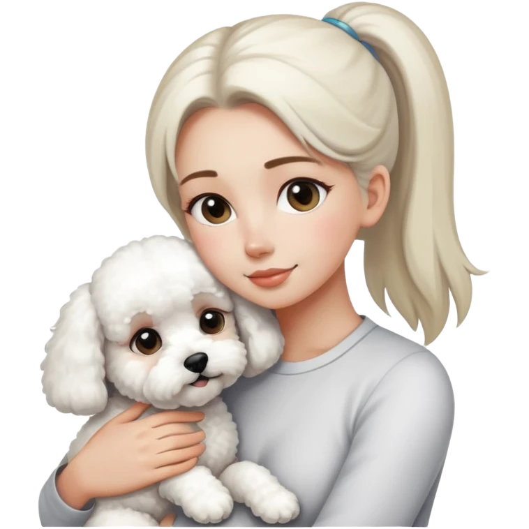 One long face girl with straight hair in a ponytail，hugging one Bichon frise emoji