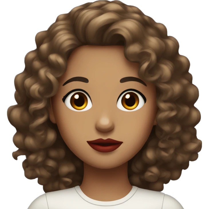 Girl with curly brown long hair and black eyes with red lipstick and eyeliner emoji