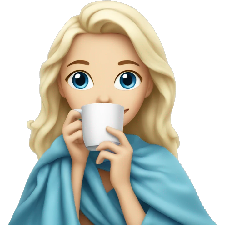 blonde girl with a White soft blanket sipping coffee blue eyes  emoji