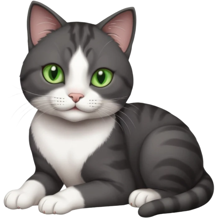 beautiful female solid dark grey cat with green eyes, white toes/paws and white patch on her chest rolling over emoji