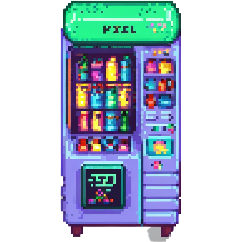 futuristic vending machine, neon accents, pixel art style emoji
