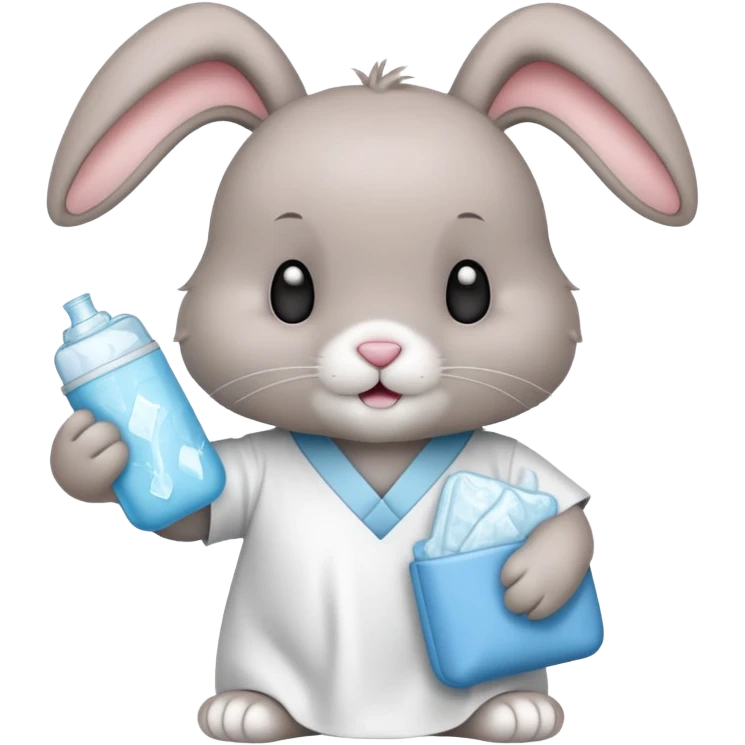 Rabbit wearing hospital gown and holding ice pack emoji