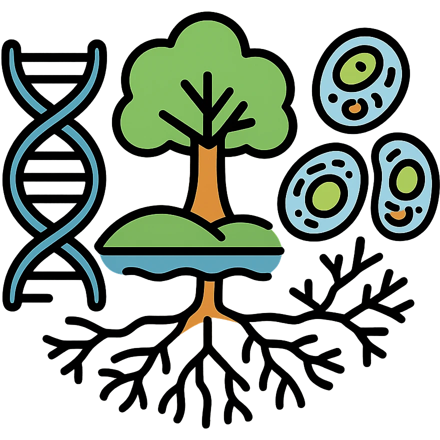 A realistic biological illustration (like in a school book) showing: DNA strands transitioning into a tree, cells with visible organelles, neurons connected to plant roots  and a balanced ecosystem background . Seamless integration, no labels or borders, complete white background (not off white!), detailed but minimalist.  emoji