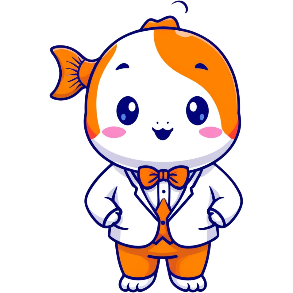A super kawaii koi fish character with enormous cute eyes, blushing cheeks, bubbly playful expression, orange and white patterns, wearing a tiny business suit with bowtie emoji