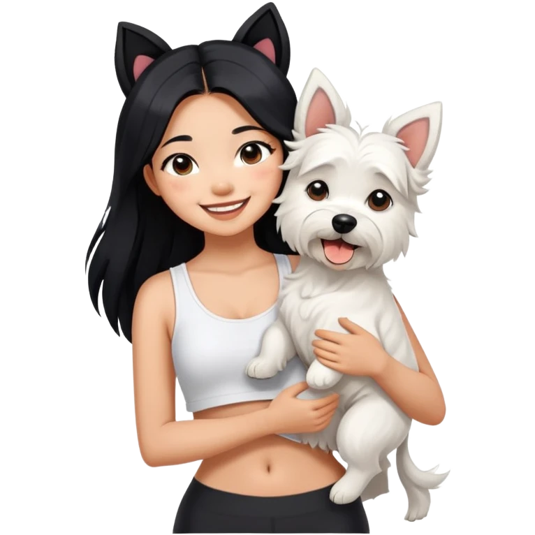 An Asain girl with long black hair wearing a white crop top and black legging,she is smiling and hugging a west highland terrier with big ears  emoji