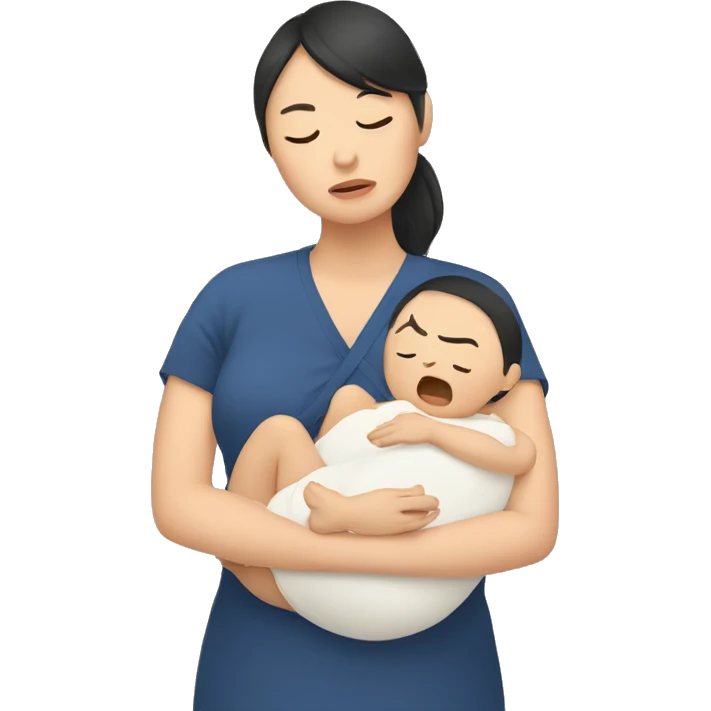 A tired Asian woman holds a baby in her arms emoji