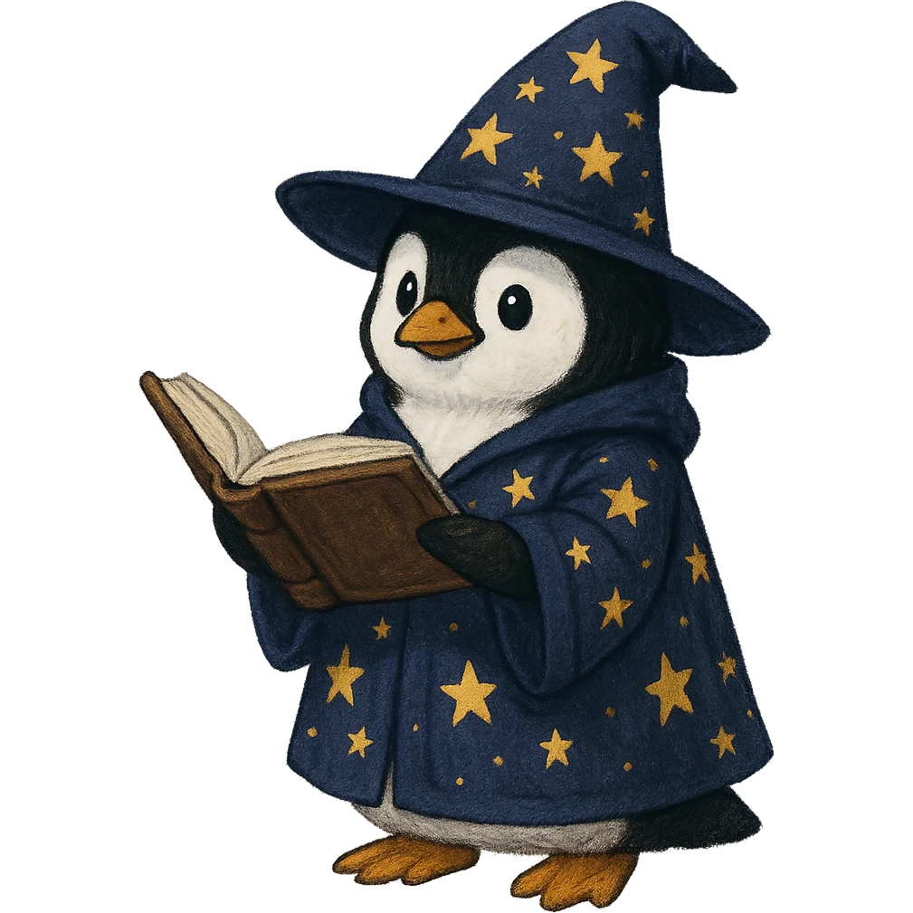 penguin wizard holding a spellbook, wearing a starry robe emoji