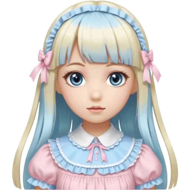 girl , who has straight hair blonde and baby bule swirled hair with bangs , grey eyes , and doll like makeup , in a light pink lolita hime gyaru dress  emoji