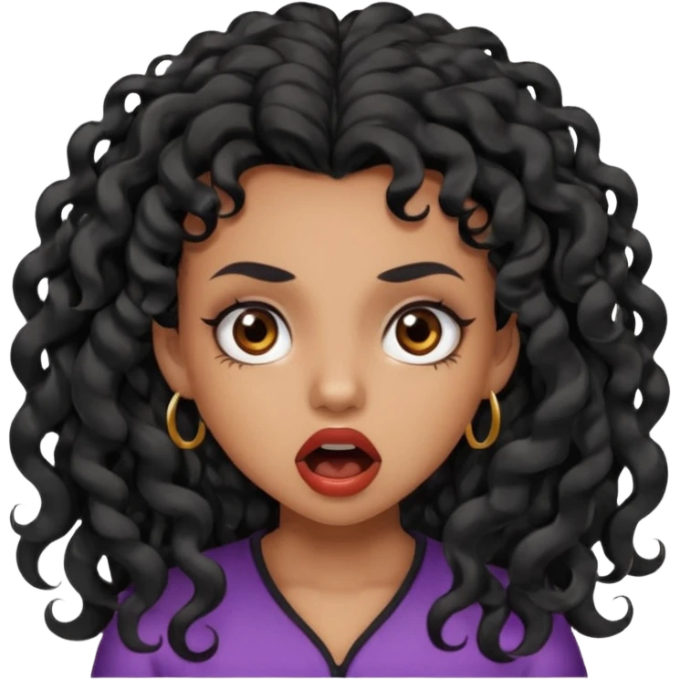 girl with long black curls and brown eyes, brown skin, eyelashes, siren eyes, make her mouth open and mad expression emoji