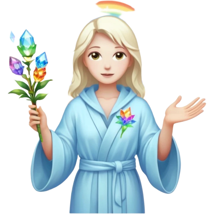 a being of light with a robe on made of light and who is lanky holding a bouquet of crystal flowers on rainbow fire emoji