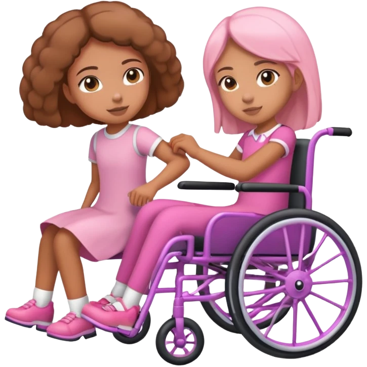 One tan skin sister pushing her light brown skin sister in a pink wheelchair emoji