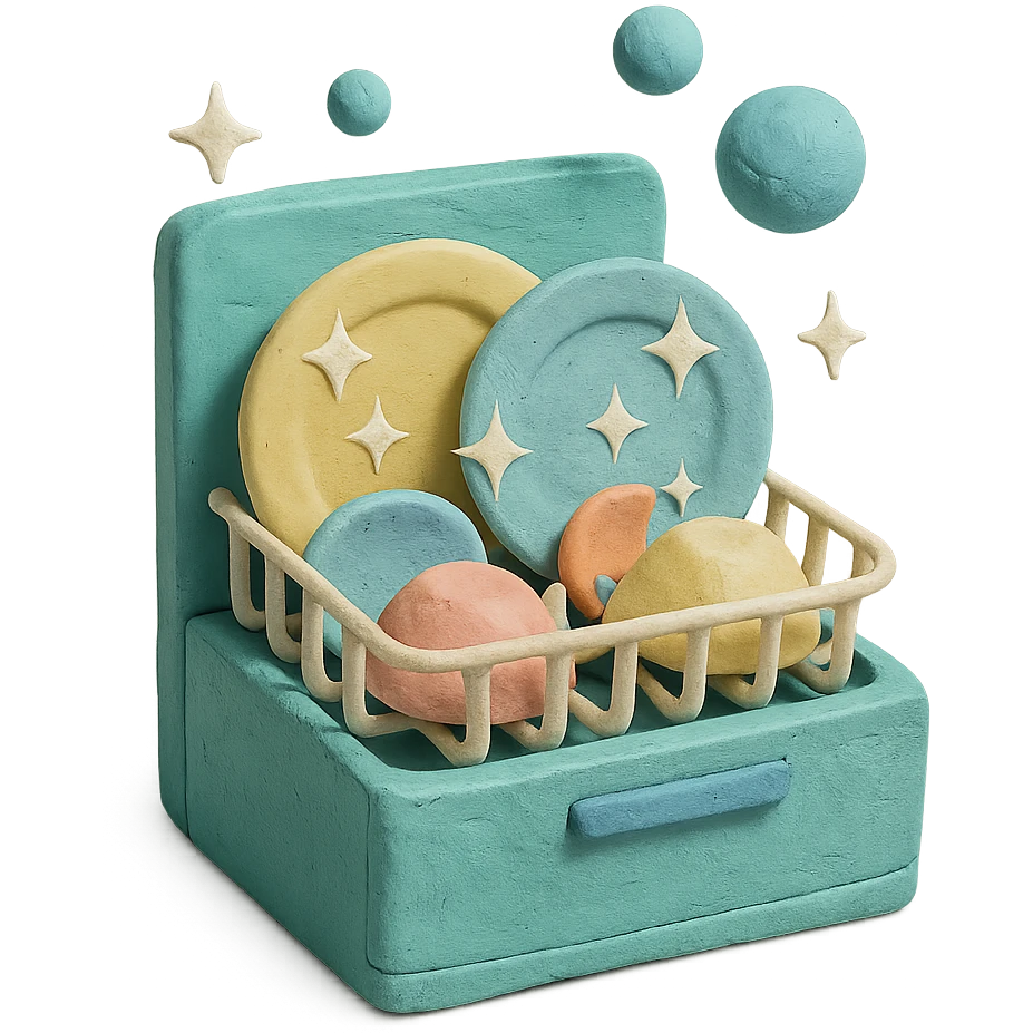 claymation style dishwasher with bubbles and sparkling plates, playful arrangement, pastel palette emoji