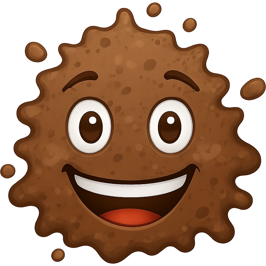 Create a mud smile emoji in the style of iPhone (Apple) emojis, cartoonish, brown mud with a wide grin and different mud texture. No background. emoji