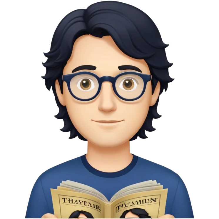 Young caucasian man with longer wavy black hair, round glasses, dark blue shirt, with theater playbill in hand emoji