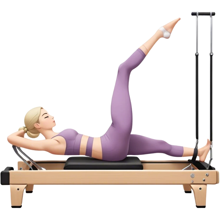 A girl doing a pilate reformer exercize on side. We have a side view of her emoji