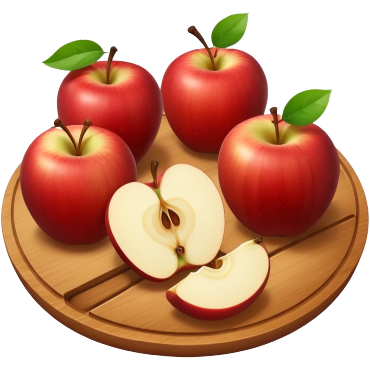 A round wooden board on which there are three whole apples and one apple, cut into two halves and several slices, with a soft glow emoji