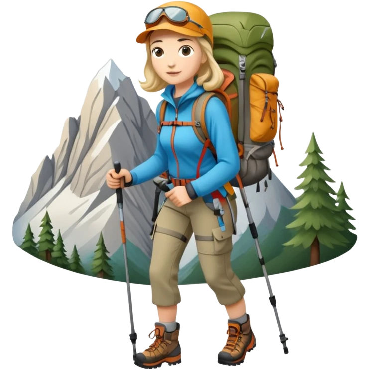 female mountain climber with backpack and hiking poles emoji