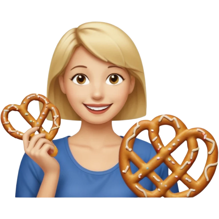 Short, Straight, Dirty blond hair, fair skin, woman holding pretzels and winking emoji