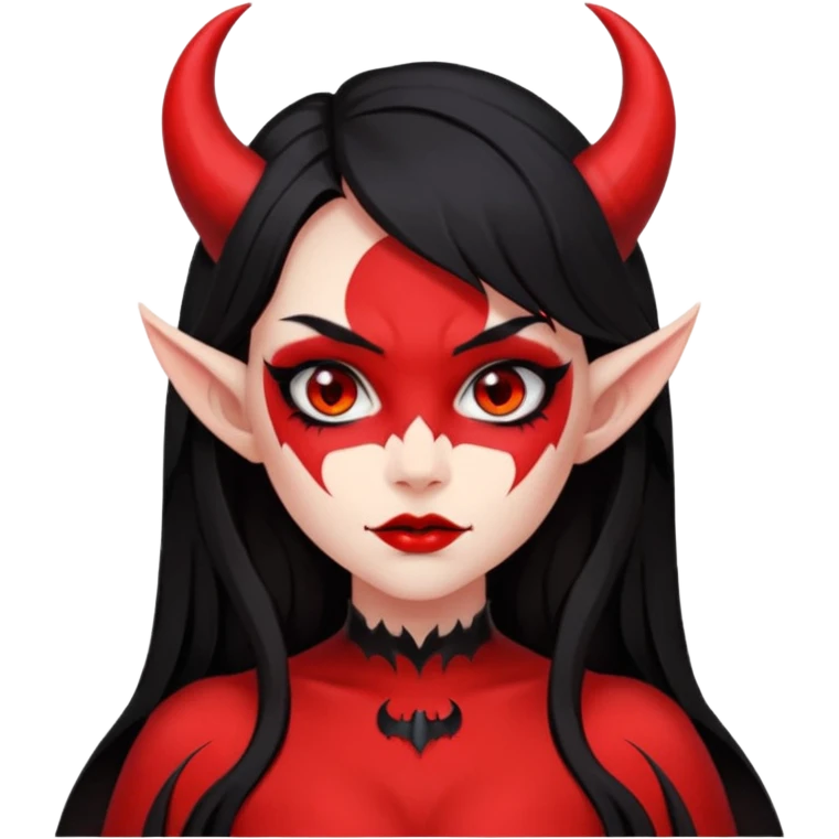demon girl, skin red , black long hair, small horns, bat wing, black open-back dress, bold black outlines, red+black palette emoji
