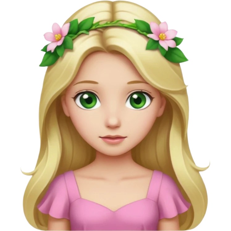 Girl profile picture with long blonde hair and green eyes and a flower in her hair. and a pink outfit emoji