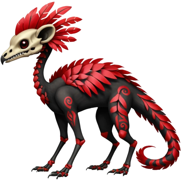 Rare black and red realistic dark edgy tropical tribal patterned feathery skeletal badass epic handsome gorgeous aesthetic colorful vibrant Vernid-Trico-species-Fakemon-creature by LiLaiRa, 4 legs, 1 tail, random markings, (full body) emoji