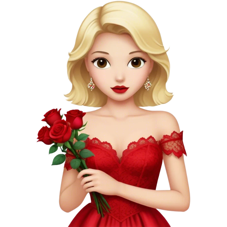 Blonde model with roses and red silk and lace gown emoji