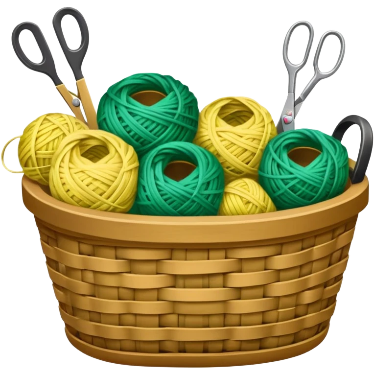 A tidy basket with neatly arranged green and yellow skeins and scissors. emoji