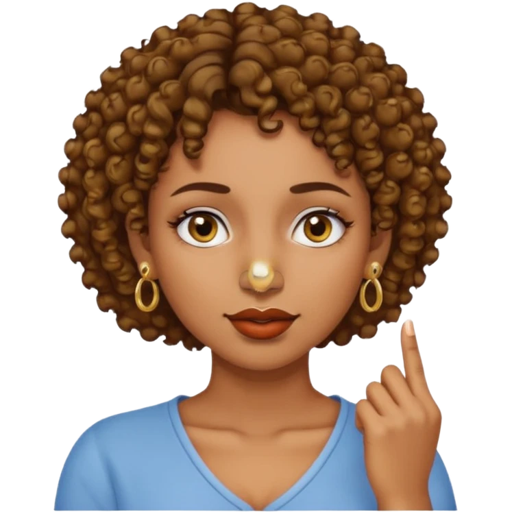 faça uma mulher com o cabelo curtinho cacheado com piercing no nariz e brincos e o dedo indicador no canto da boca morena emoji