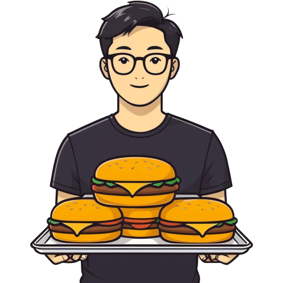 asian guy with glasses, curtain symmetrical middle parted hairstyle, wearing a black t-shirt, square jawline, holding a tray of cheeseburgers emoji