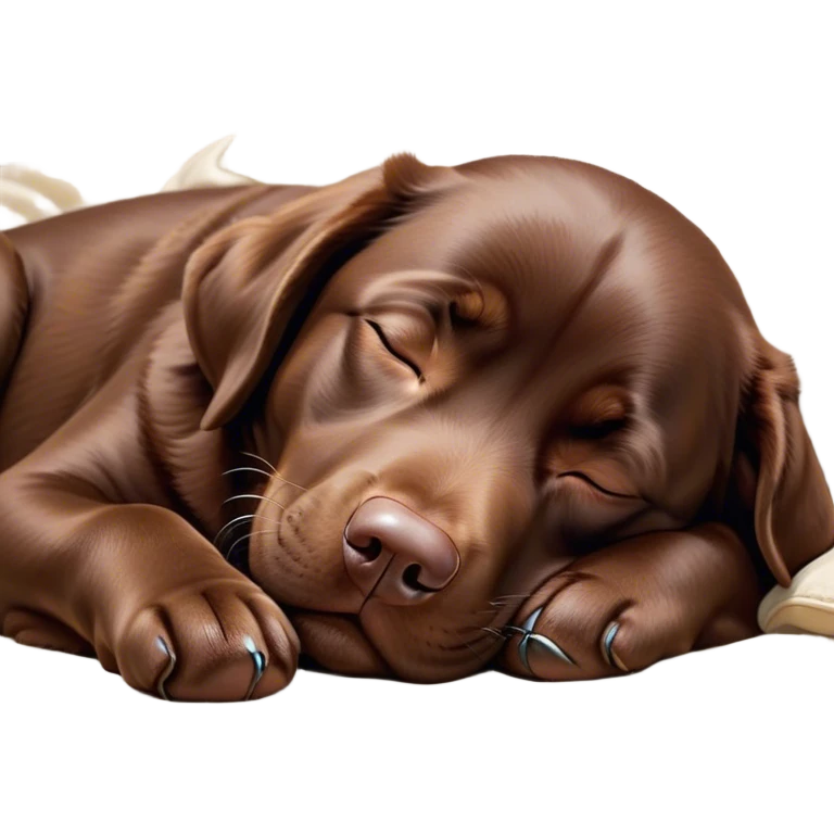 Meme-Worthy Cute Sleeping Chocolate Labrador Portrait Emoji, Head resting peacefully with a contented smile, showcasing a delightfully robust build and a luxuriously soft chocolate Fur, eyes shut in a serene nap, Simplified yet hilariously adorable features, highly detailed, glowing with a soft, drowsy light, high shine, relaxed and utterly lovable, stylized with an air of playful laziness, bright and heartwarming, soft glowing outline, capturing the essence of a comically sleepy companion, so meme-worthy it feels like it could instantly become the next viral sensation of adorable slumber! emoji