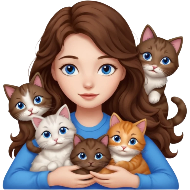 girl with long wavy brown hair, blue eyes, long lashes makeup, cuddling with 6 cats emoji