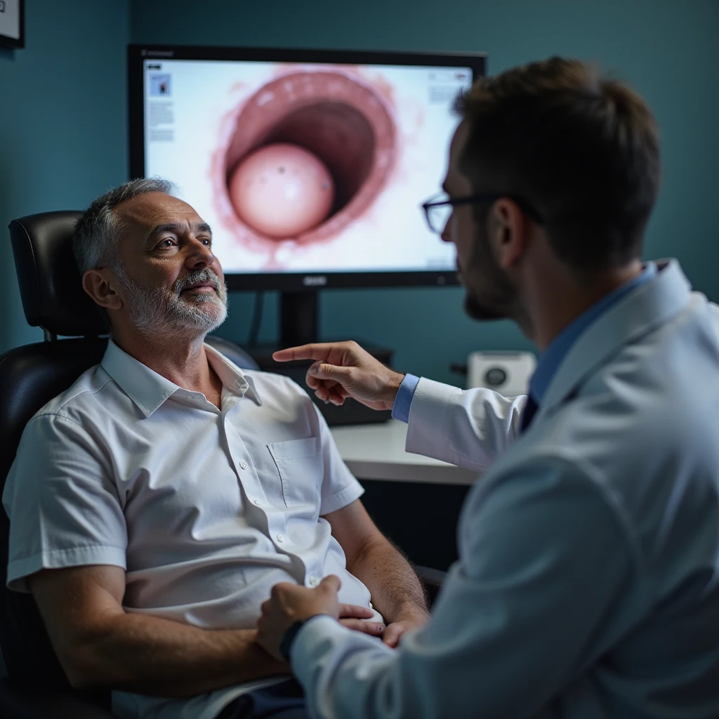 realistic endoscopic exam on adult man, monitor showing small polyp and doctor pointing to suspicious cancer area, clinical environment emoji