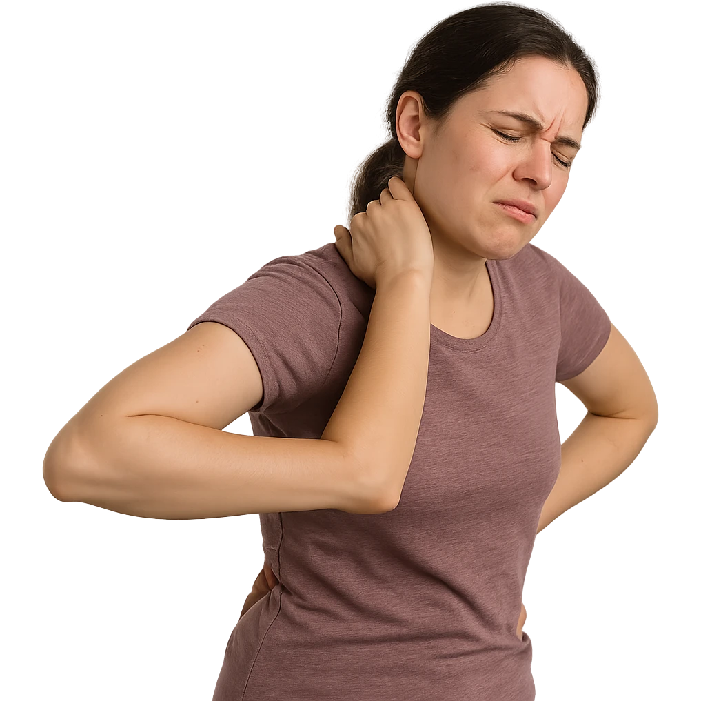 realistic woman with posture showing frequent discomfort and muscle tension, expression of discomfort, isolated composition on white background emoji