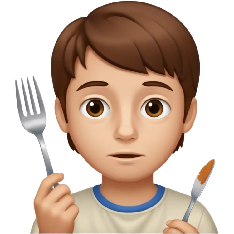Brown hair boy allergic to soy, swollen face, fork in the hand  emoji